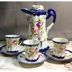 Antique Nippon Japan Hand Painted Floral Chocolate Pot, Cups & Saucers Set(2634)